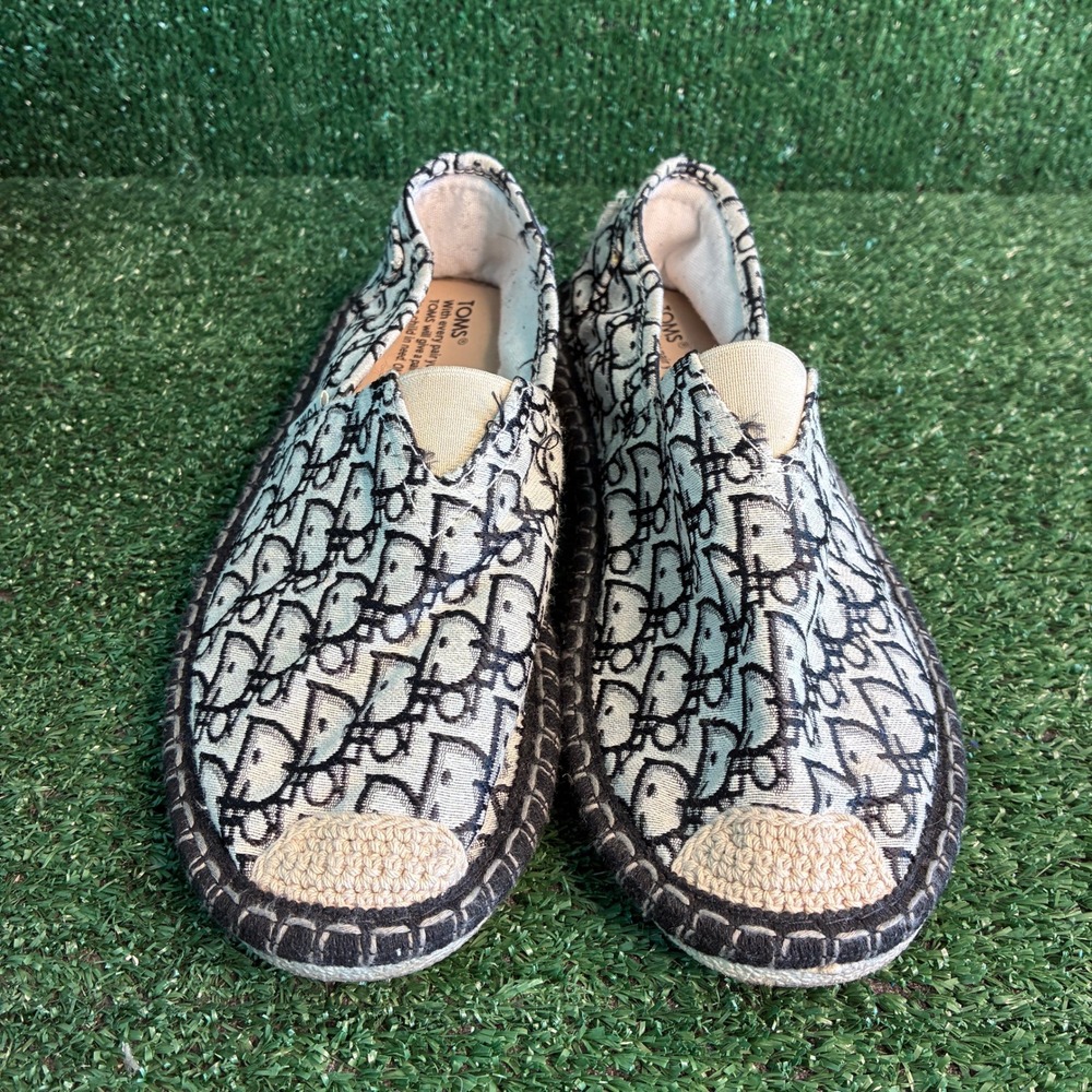 Toms Custom Dior Oblique Monogram Canvas Espadrille Slip On Flat Black Womens 10